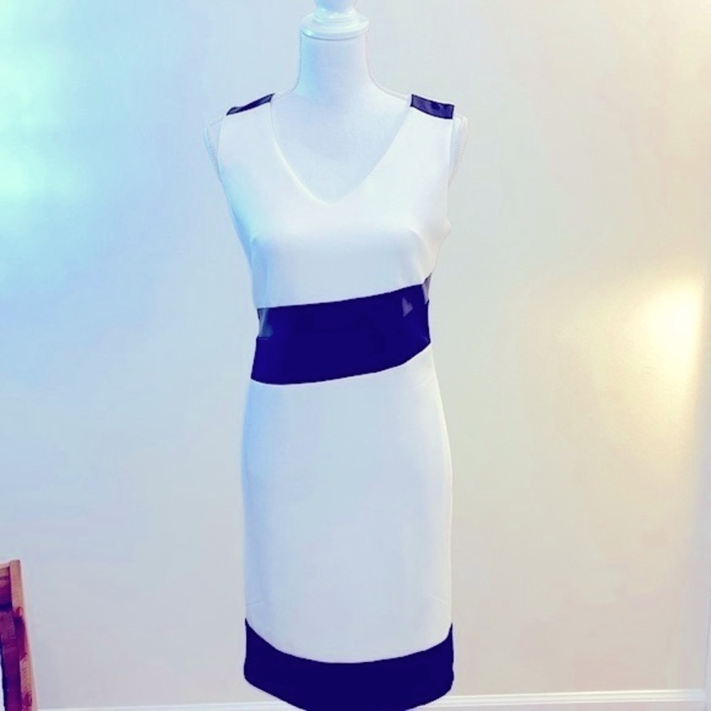 Faux Leather Trim Sheath Dress, Size small